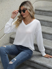 Solid V Neck Sweatshirt Eyelet Sleeve Spring Fall Women's Clothing