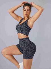 Leopard Print Sports Set Crop Top & High Waist Leggings Women's Activewear