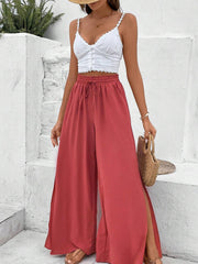 Solid Slit Wide Leg Pants Casual Drawstring Elastic Waist