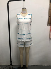 Striped Print Casual Two piece Set Crew Neck Sleeveless Tank Top & Shorts