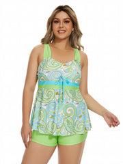 Boho Paisley Print Tankini Set Tie Front Criss Cross Back Tank Top