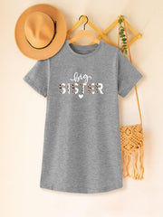 Toddler Girls Short Sleeve Leopard Letter BIG SISTER Graphic T Shirt Dress