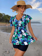 V Neck Tankini Set Peplum Boxer Short Bottom Swimsuit