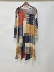 Patchwork Print Long Sleeve V Neck Dress