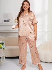 Feather Print Button Up Shirt & Pants Pajama Set