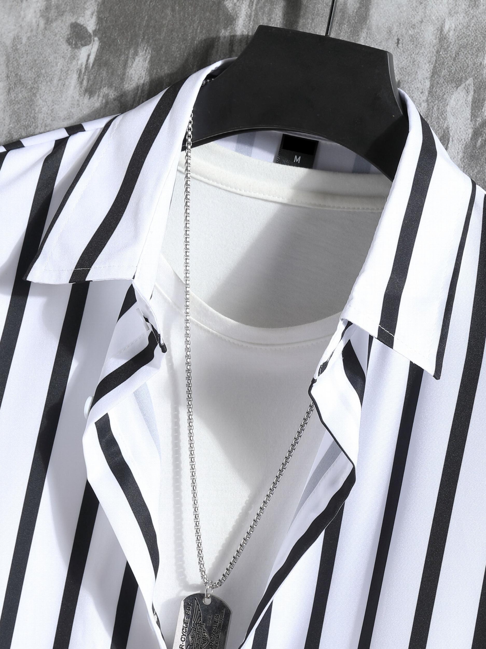 Men's Vertical Striped 2Pcs Casual Outfits Camp Collar Button Up Shirts & Drawst