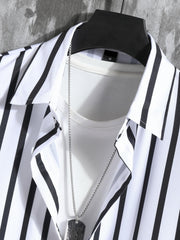 Men's Vertical Striped 2Pcs Casual Outfits Camp Collar Button Up Shirts & Drawst