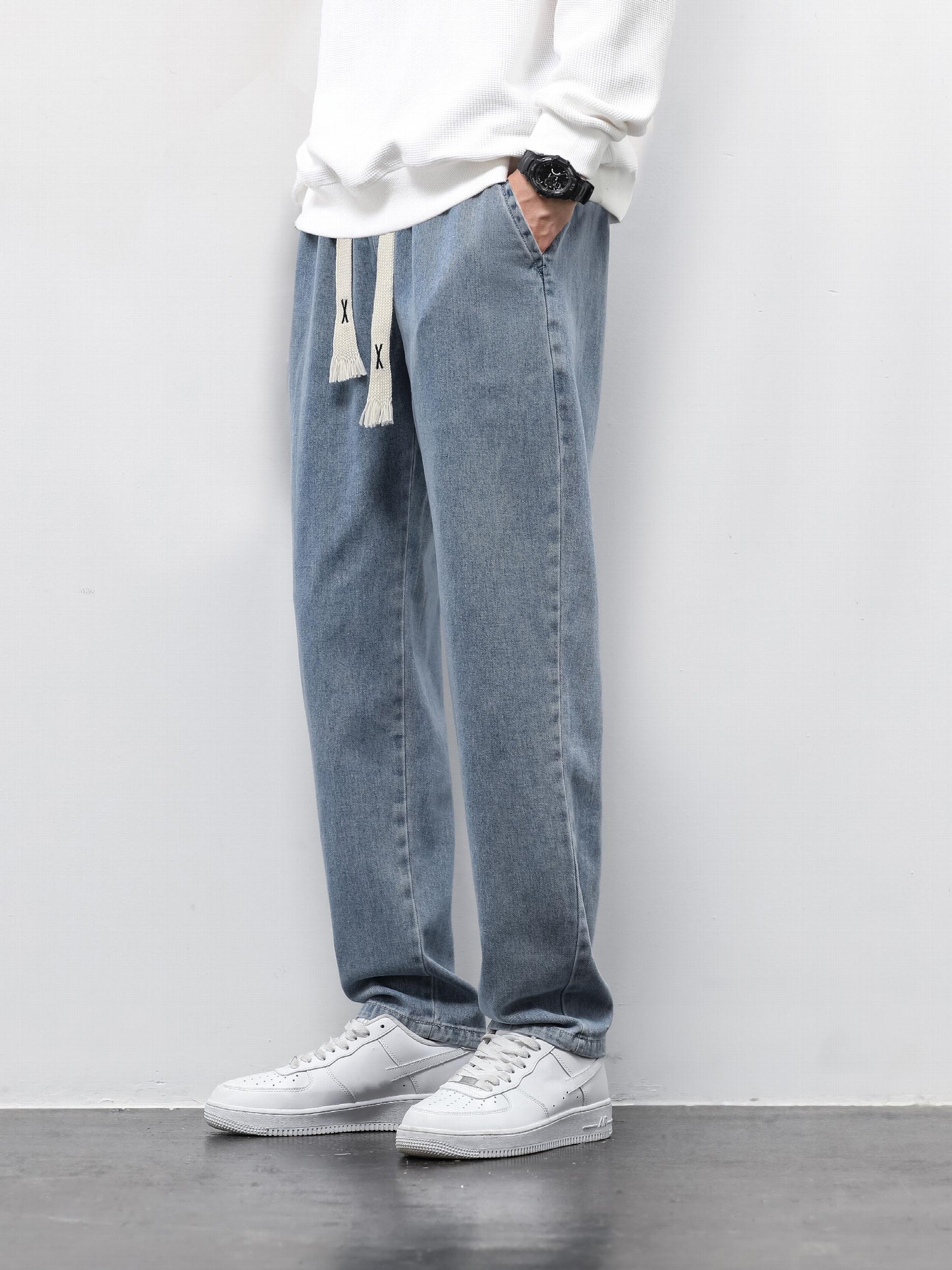 Men's Denim Cropped Pants Elastic Waist Straight Leg Harem