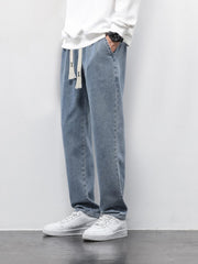 Men's Denim Cropped Pants Elastic Waist Straight Leg Harem