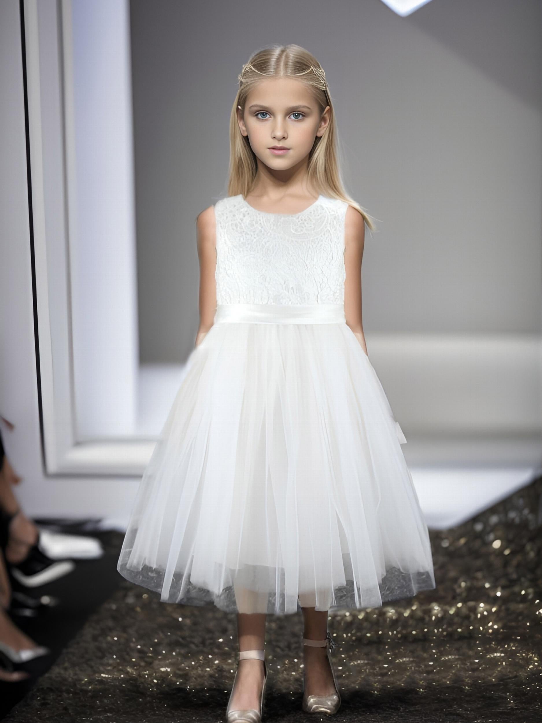 Grace Lace Strappy Sleeveless Tulle Flower Girl Dress for Party Wedding