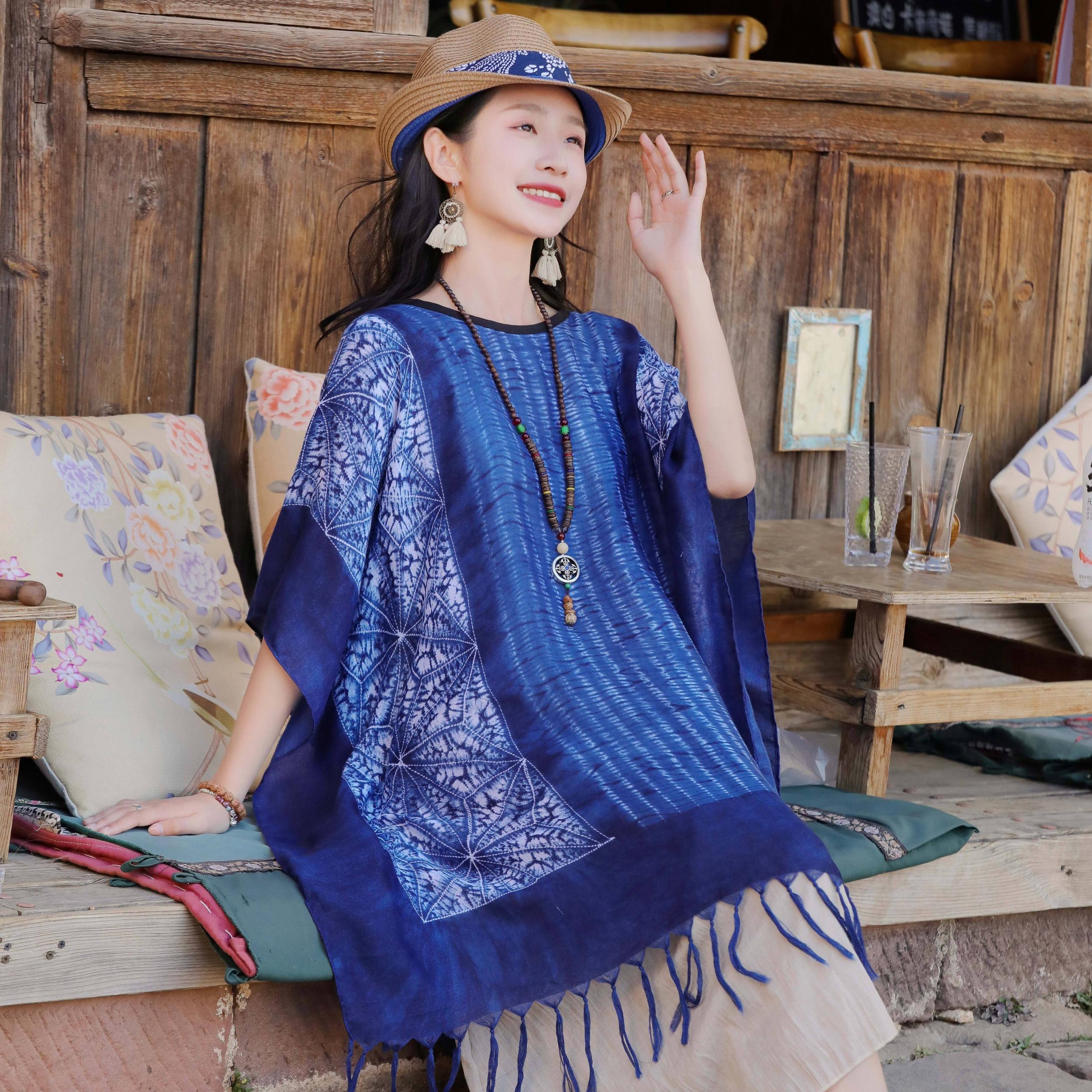 Vintage Tassel Cape Boho Shawl Tie Dye Print