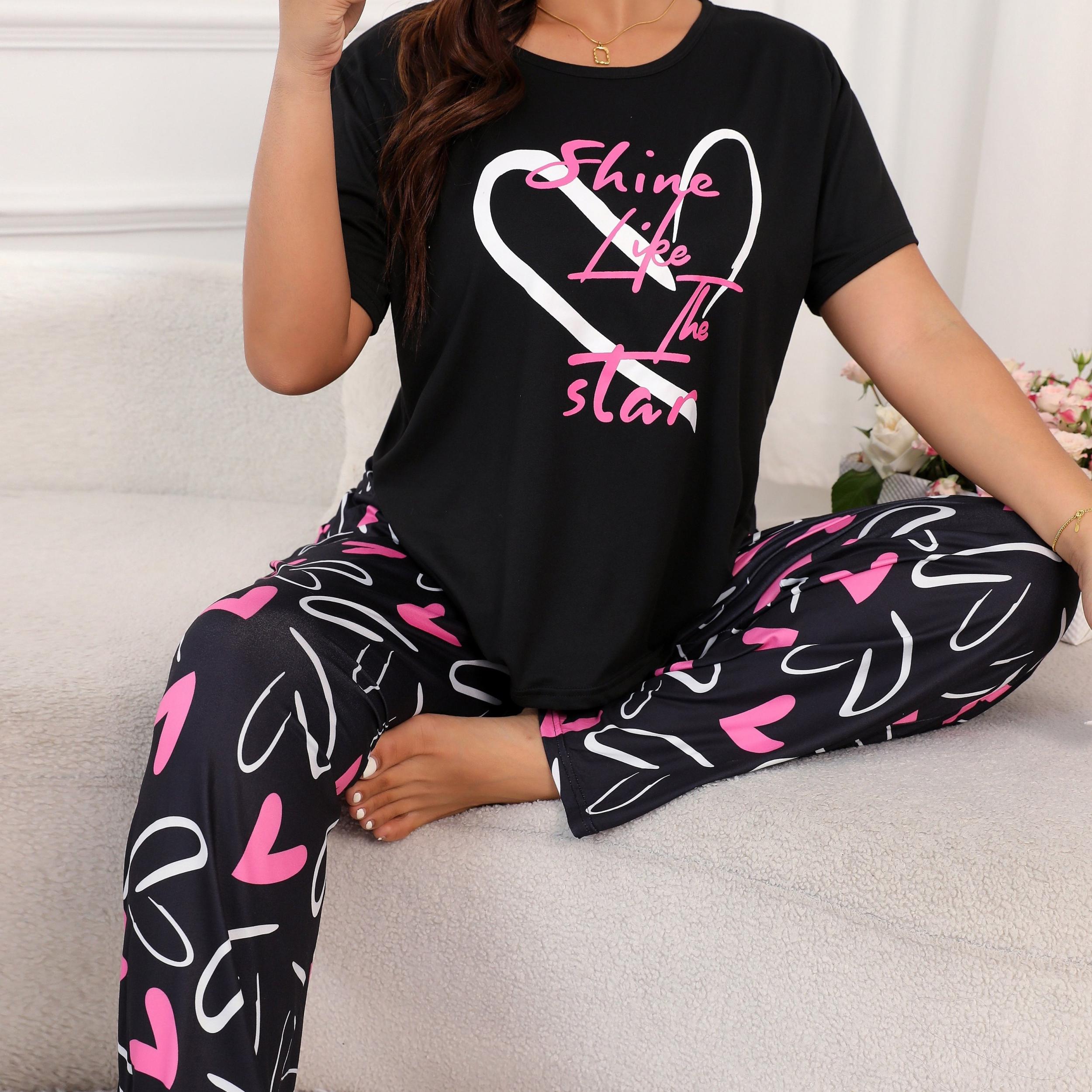 Heart & Art Print Tee & Pants Pajama Set