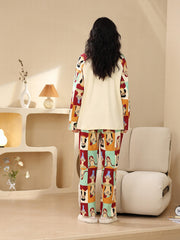 Cartoon Print Pajama Set Long Sleeve Crew Neck Top & Elastic Waistband Pants