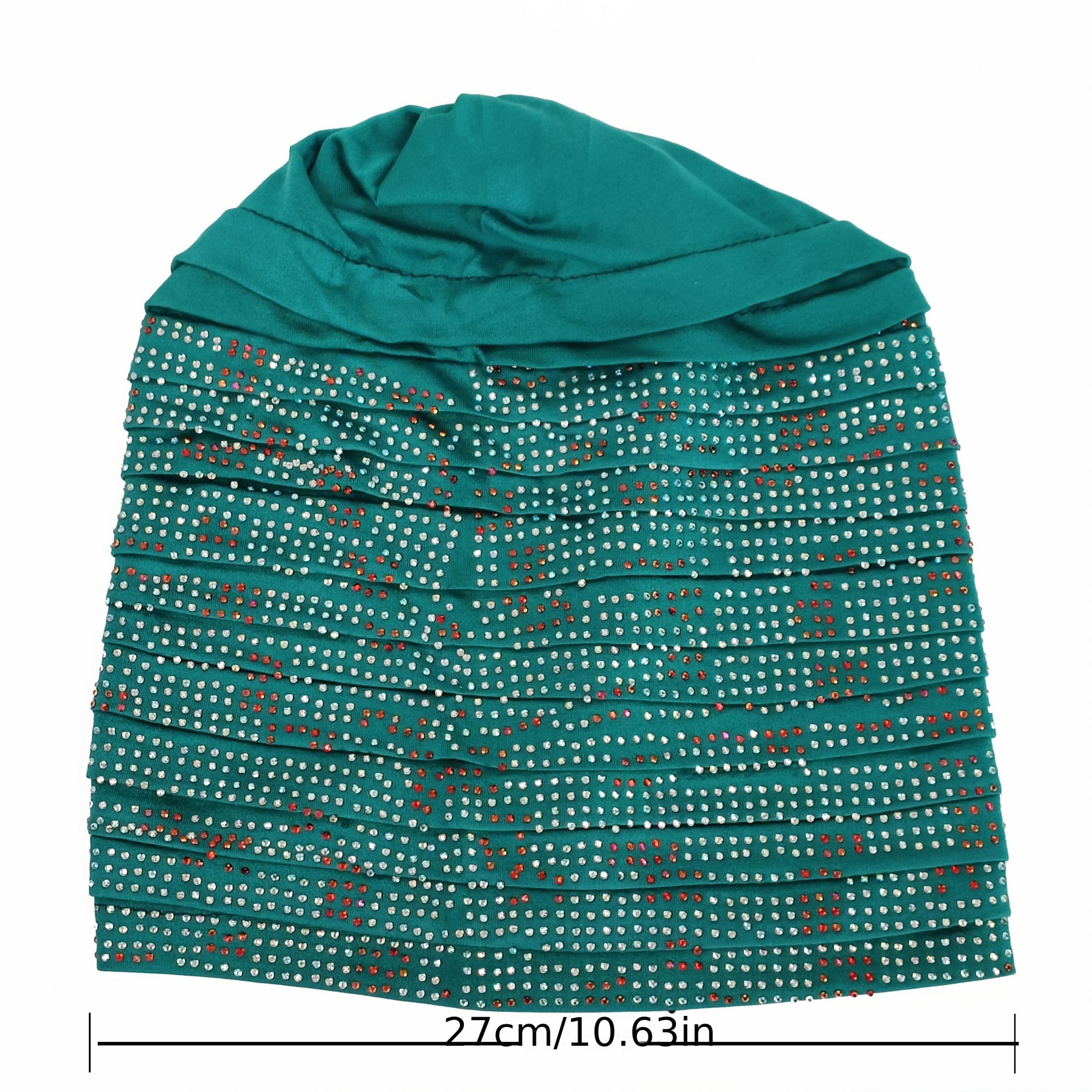 Pleated Turban Cap Rhinestone Beanie Elastic Head Wrap Bonnet