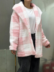 Plaid Print Teddy Coat Waterfall Collar Button Front Warm Outerwear