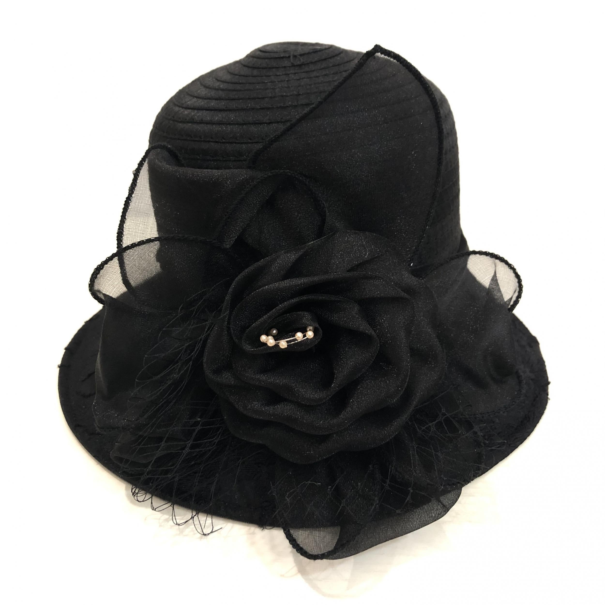 Embossed Organza Sun Hat Wide Brim Derby Hat Mesh Flower Decor