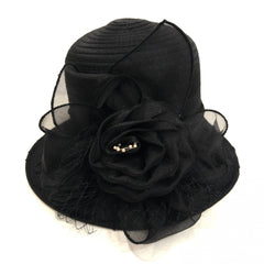 Embossed Organza Sun Hat Wide Brim Derby Hat Mesh Flower Decor