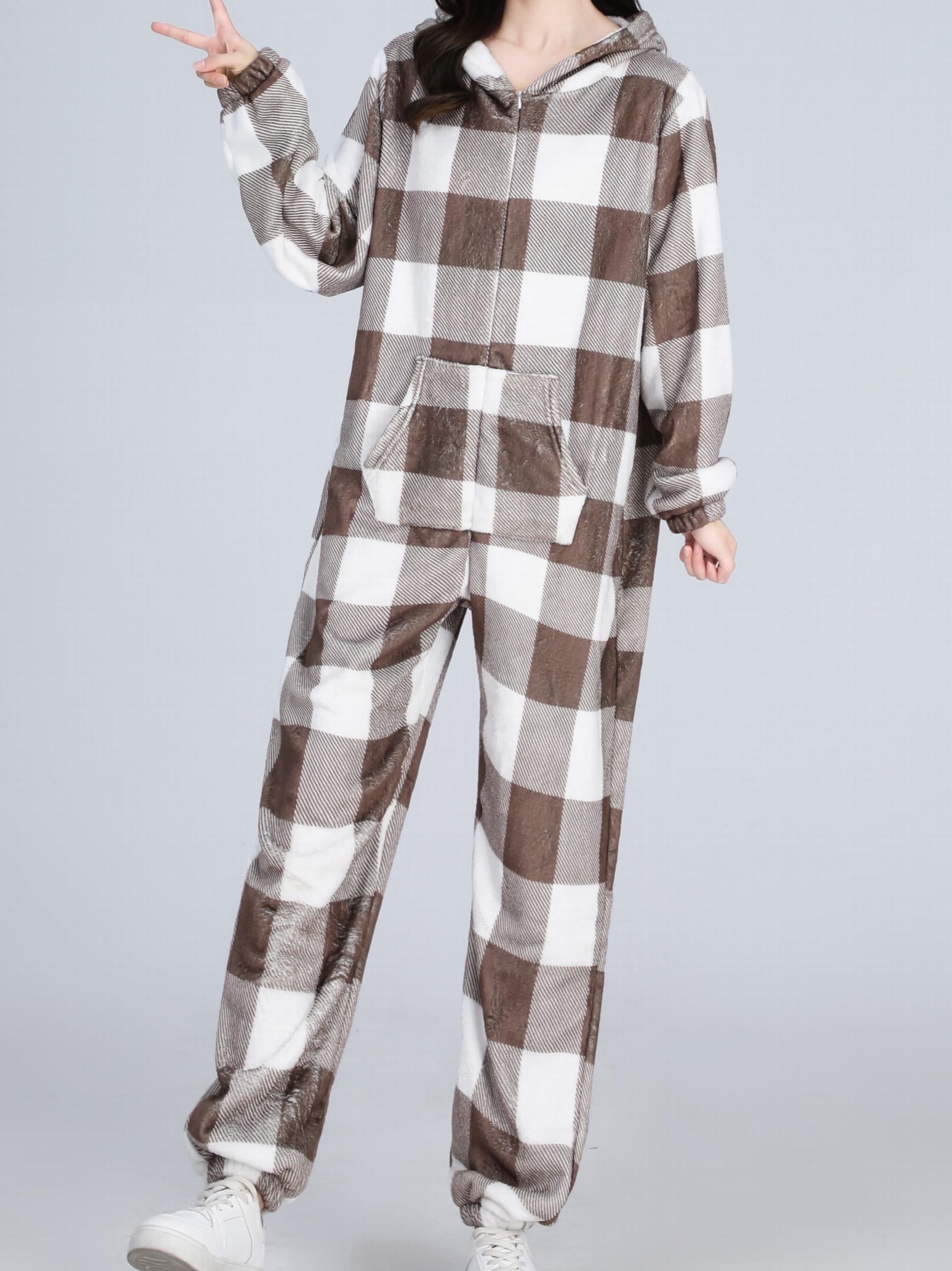 Plaid Print Fleece Hooded Jumpsuit