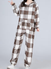 Plaid Print Fleece Hooded Jumpsuit