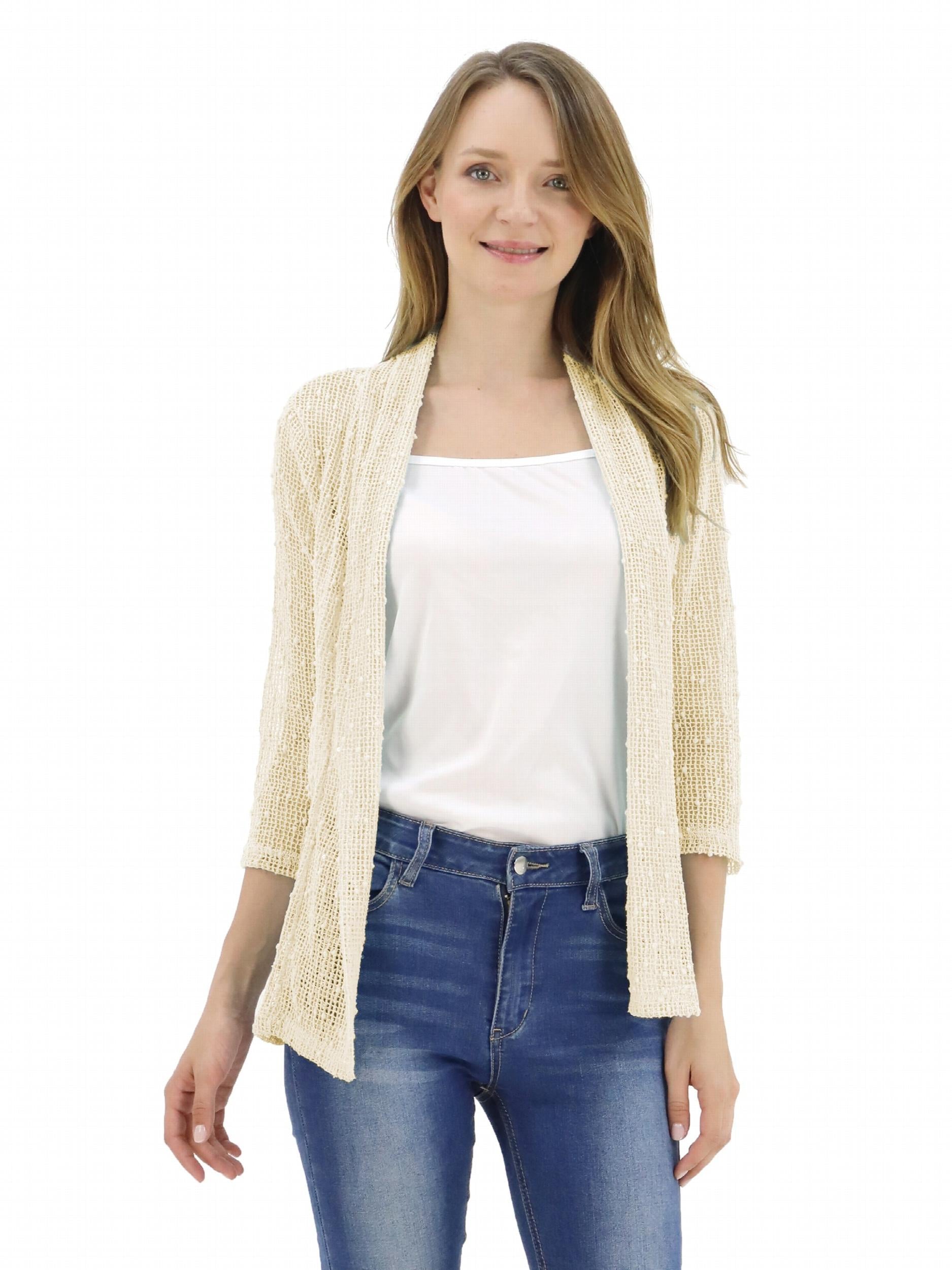 V Neck Mesh Slim Cardigan Boho 3/4 Sleeve Crochet Crop