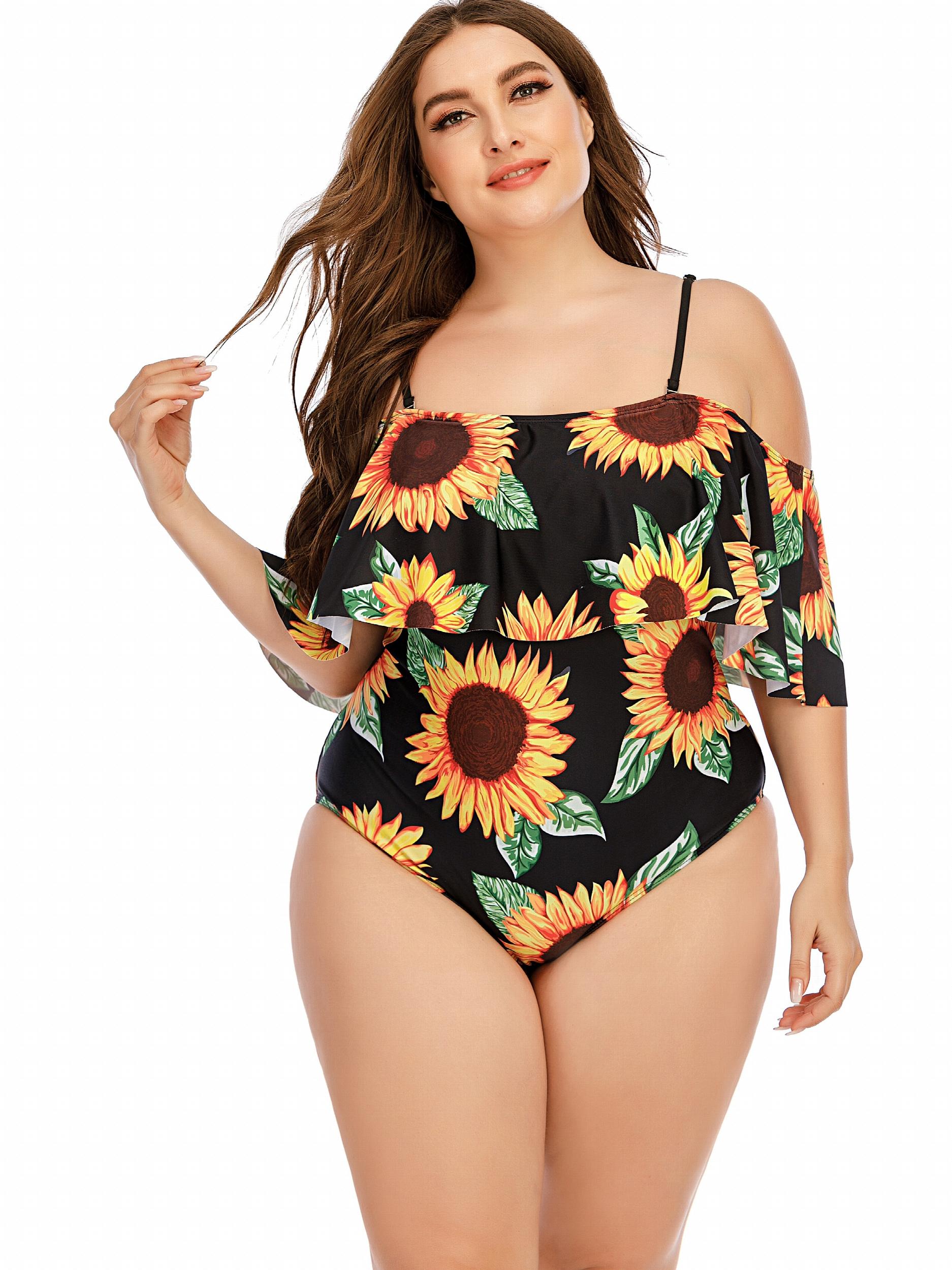 Sunflower Print Off Shoulder Ruffle One Piece Swimsuit