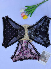 3pcs Butterfly & Polka Dot Briefs Sheer Mesh Panties Women's Lingerie