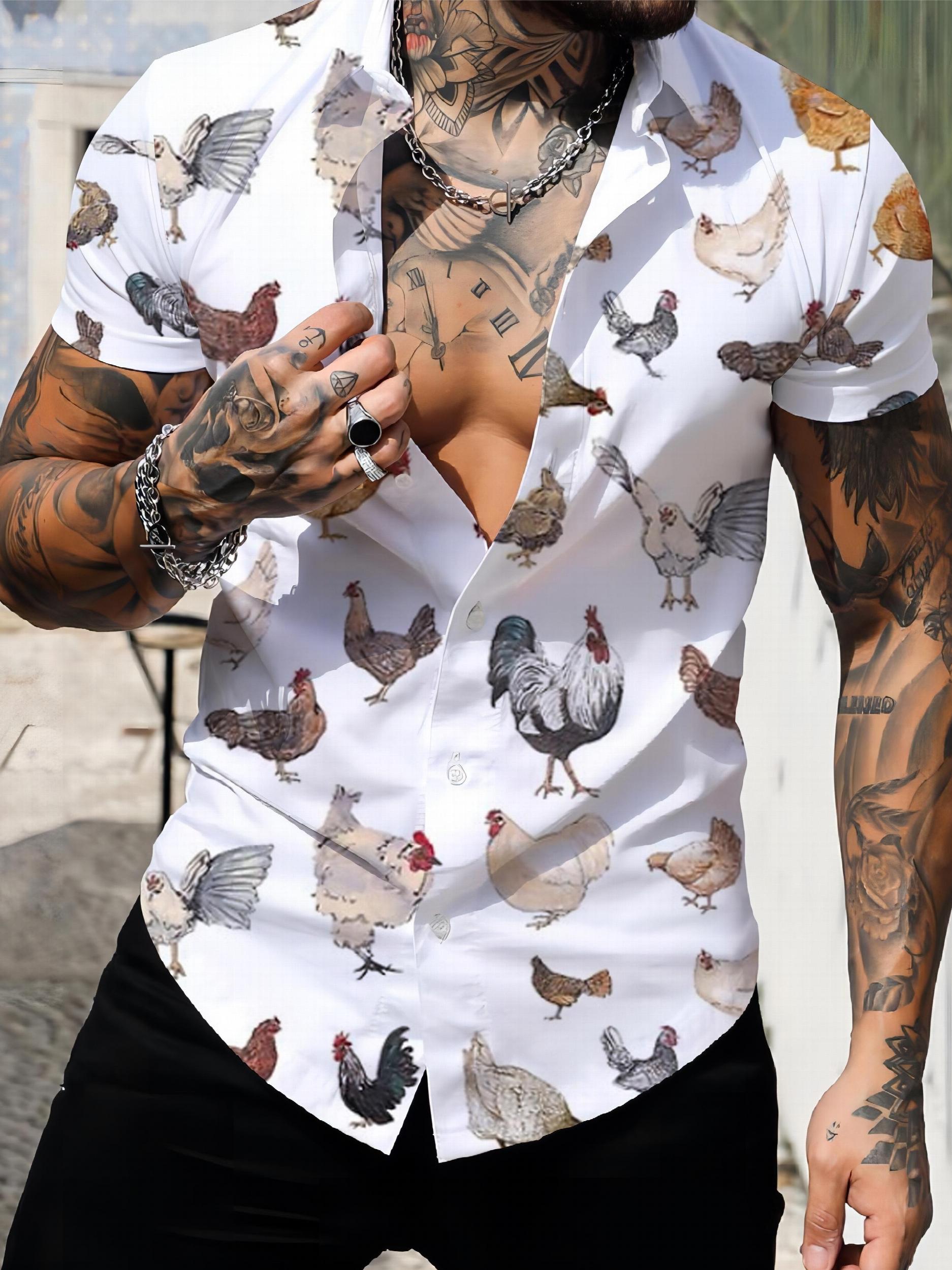 Rooster Pattern Men's Short Sleeve Shirt For Summer