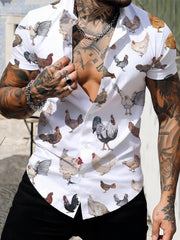 Rooster Pattern Men's Short Sleeve Shirt For Summer