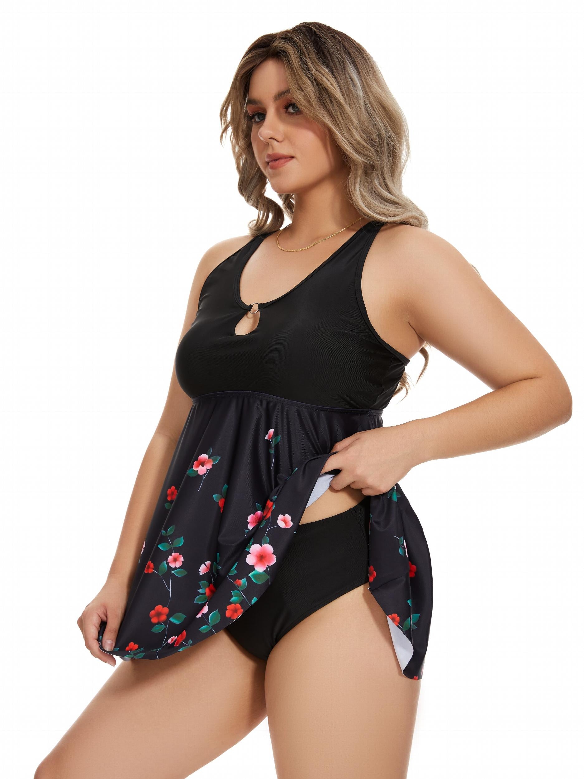 Floral Print Keyhole Ring Tankini Set Women's Plus Swimsuit