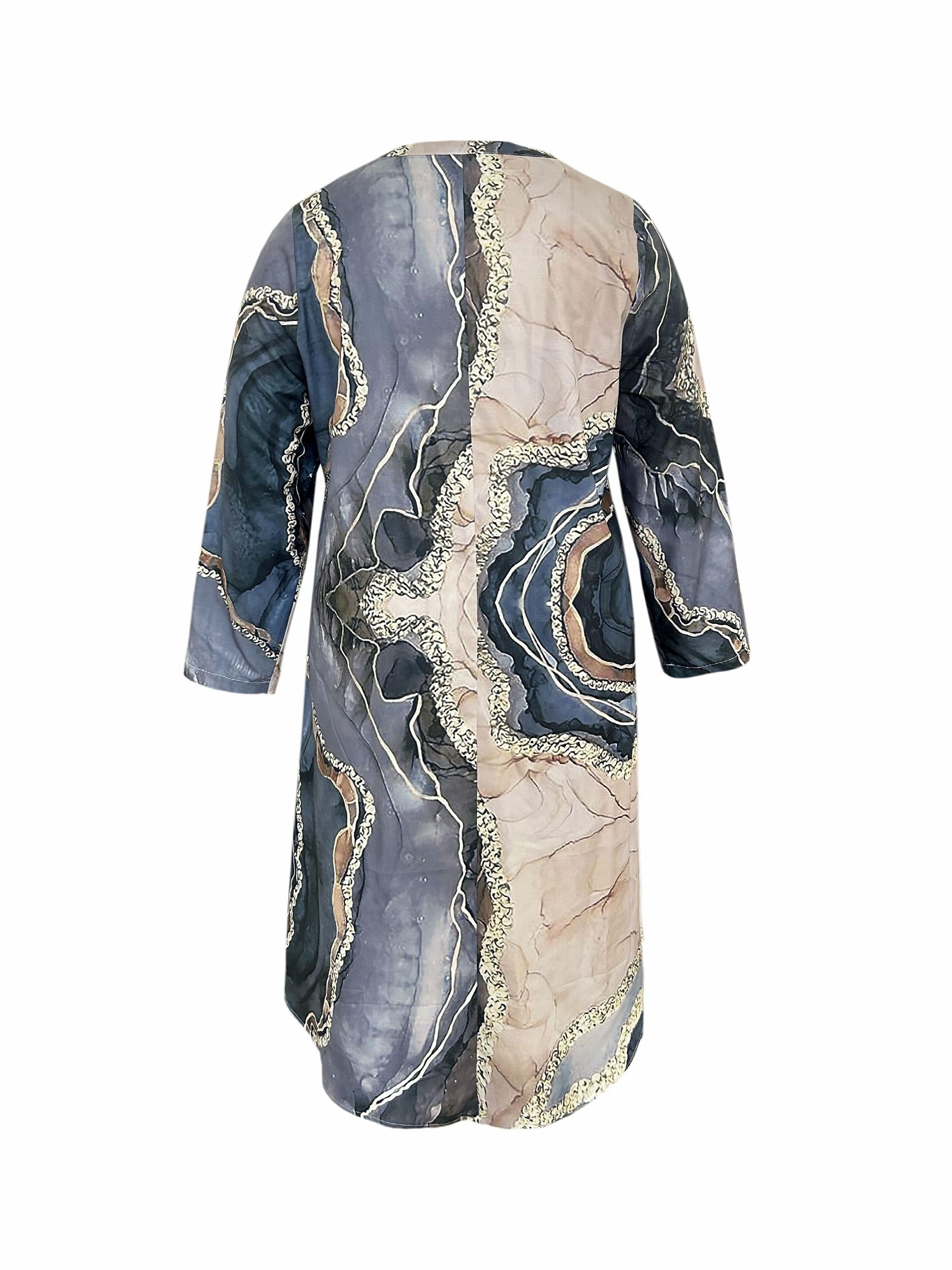 Plus Marble Print Long Sleeve Round Neck Midi Dress