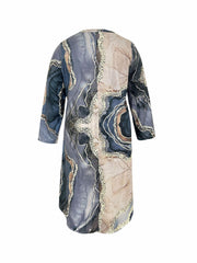 Plus Marble Print Long Sleeve Round Neck Midi Dress