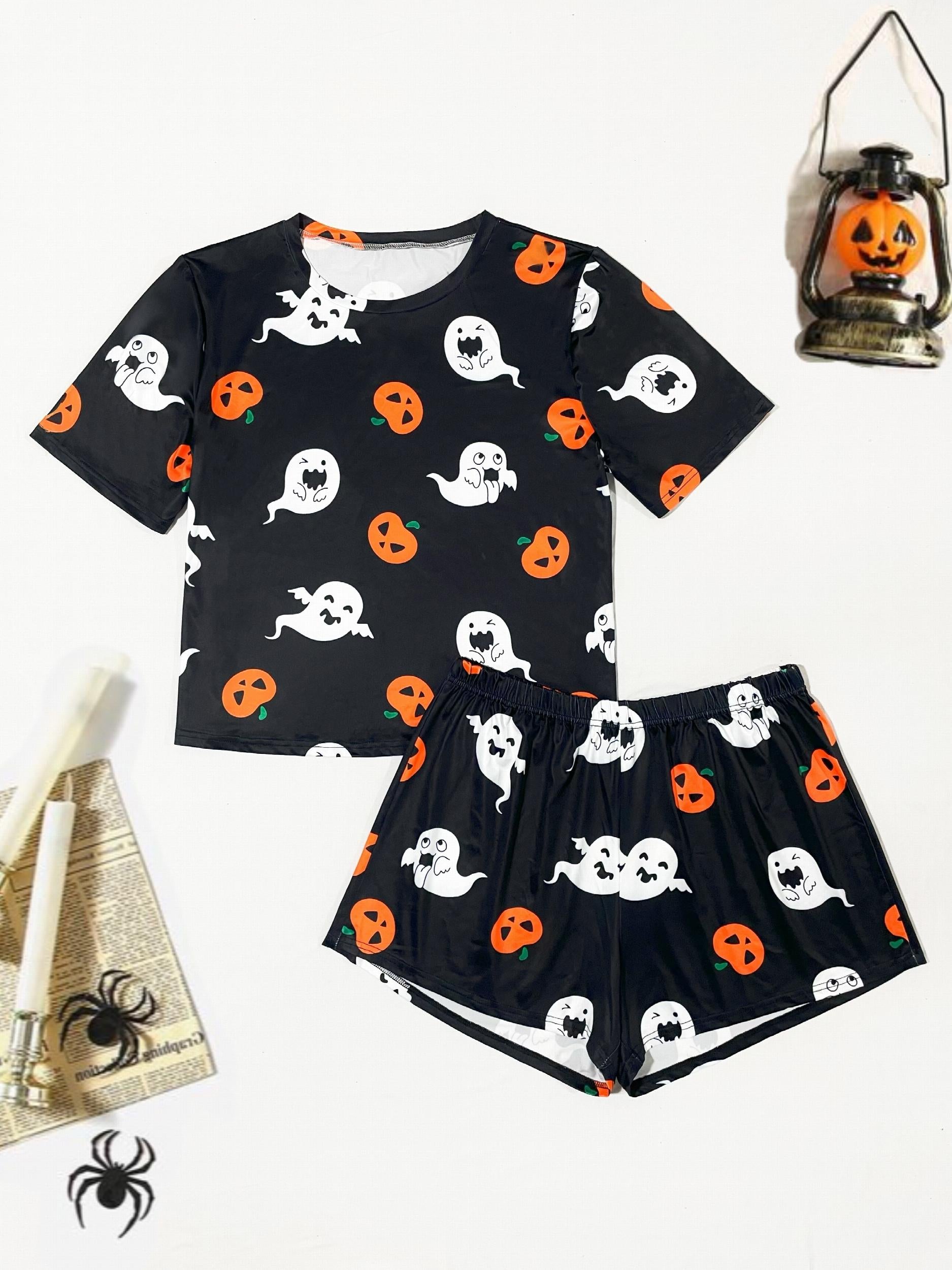 Plus Size Halloween Pajama Set Women's Plus Short Sleeve Tee & Shorts Lounge Set