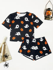 Plus Size Halloween Pajama Set Women's Plus Short Sleeve Tee & Shorts Lounge Set