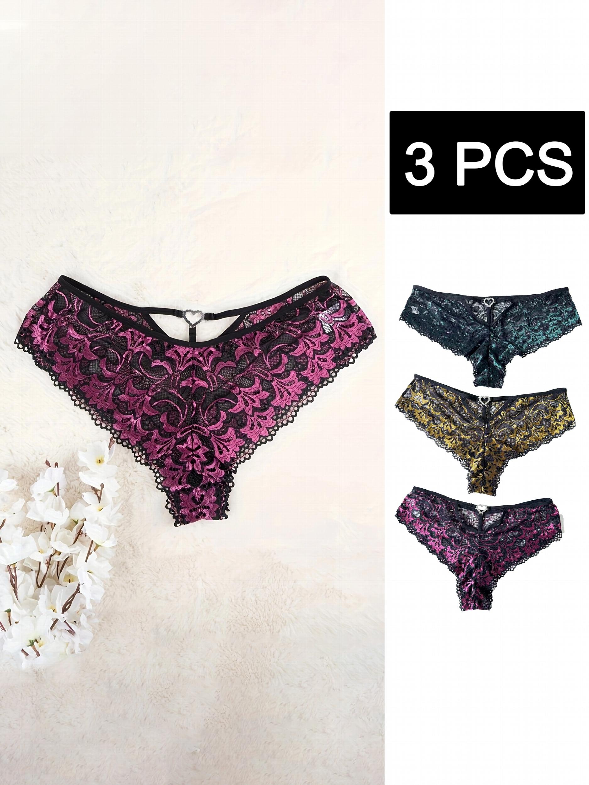 3 Pack Plus Size Sexy Panties Set Rhinestone Heart Ring Floral Lace Briefs
