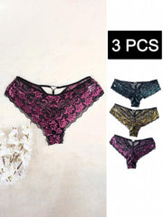 3 Pack Plus Size Sexy Panties Set Rhinestone Heart Ring Floral Lace Briefs