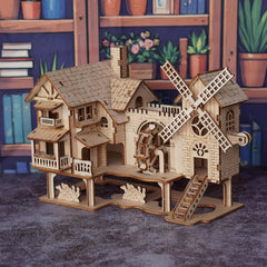 Wooden Puzzle Windmill House Model Kit DIY Puzzle Blocks Toy