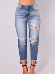 Solid Ripped Button Fly High Rise Tapered Leg Jeans
