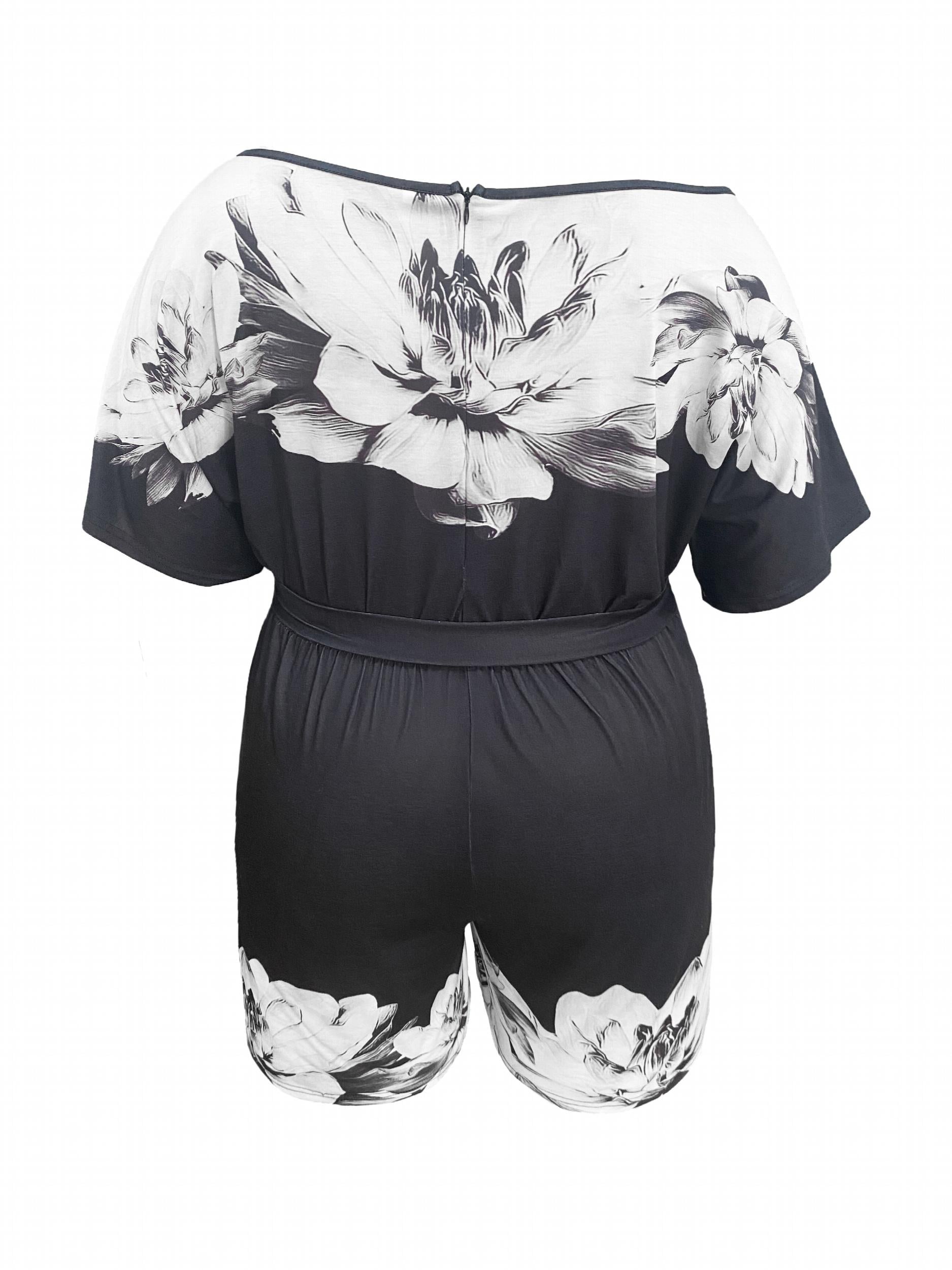 Floral Print One Shoulder Plus Size Romper With Pockets