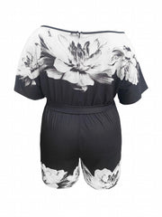 Floral Print One Shoulder Plus Size Romper With Pockets