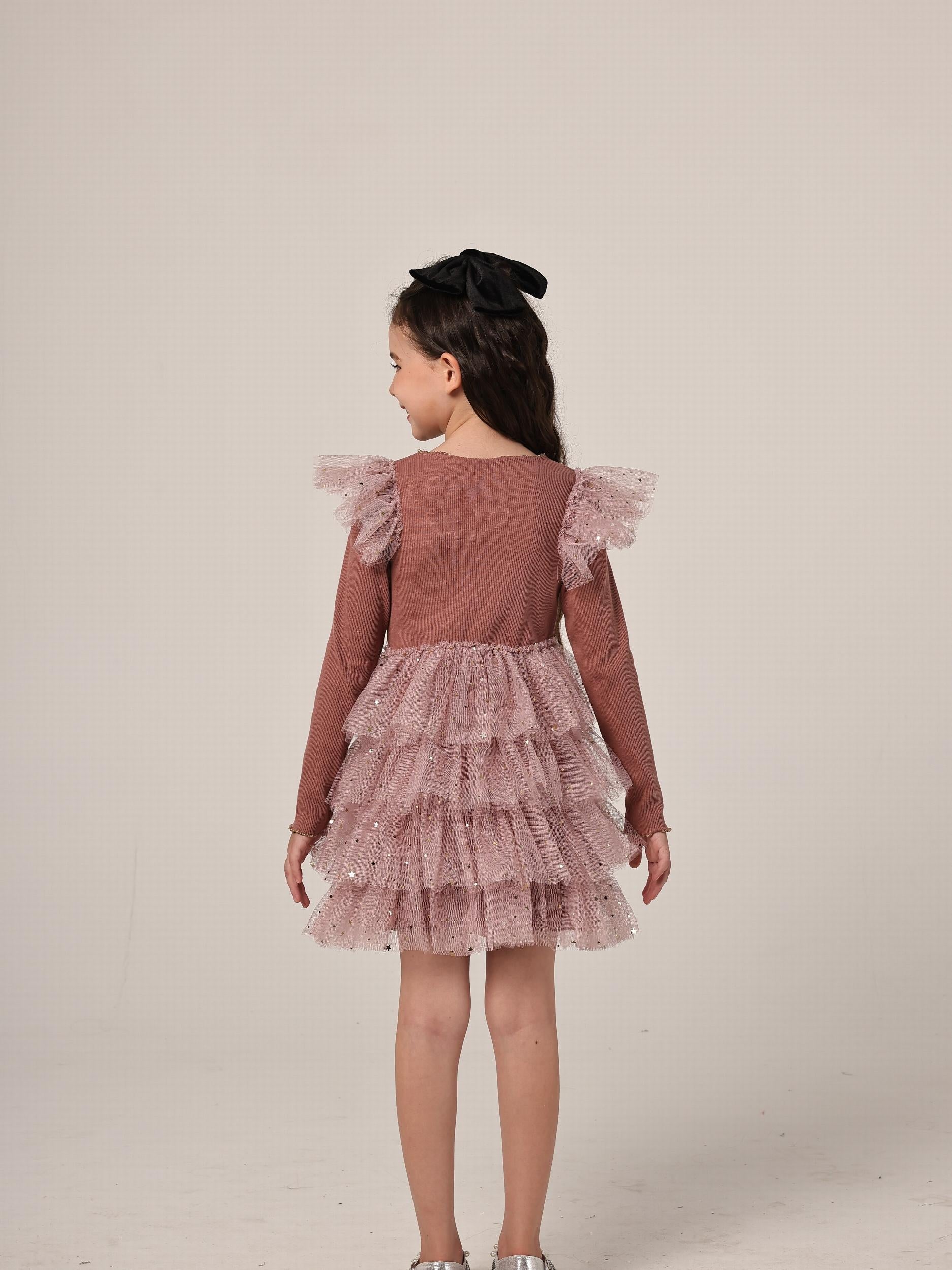 Star Girl Long Sleeve Mesh Tiered Party Tutu Dress Birthday Princess