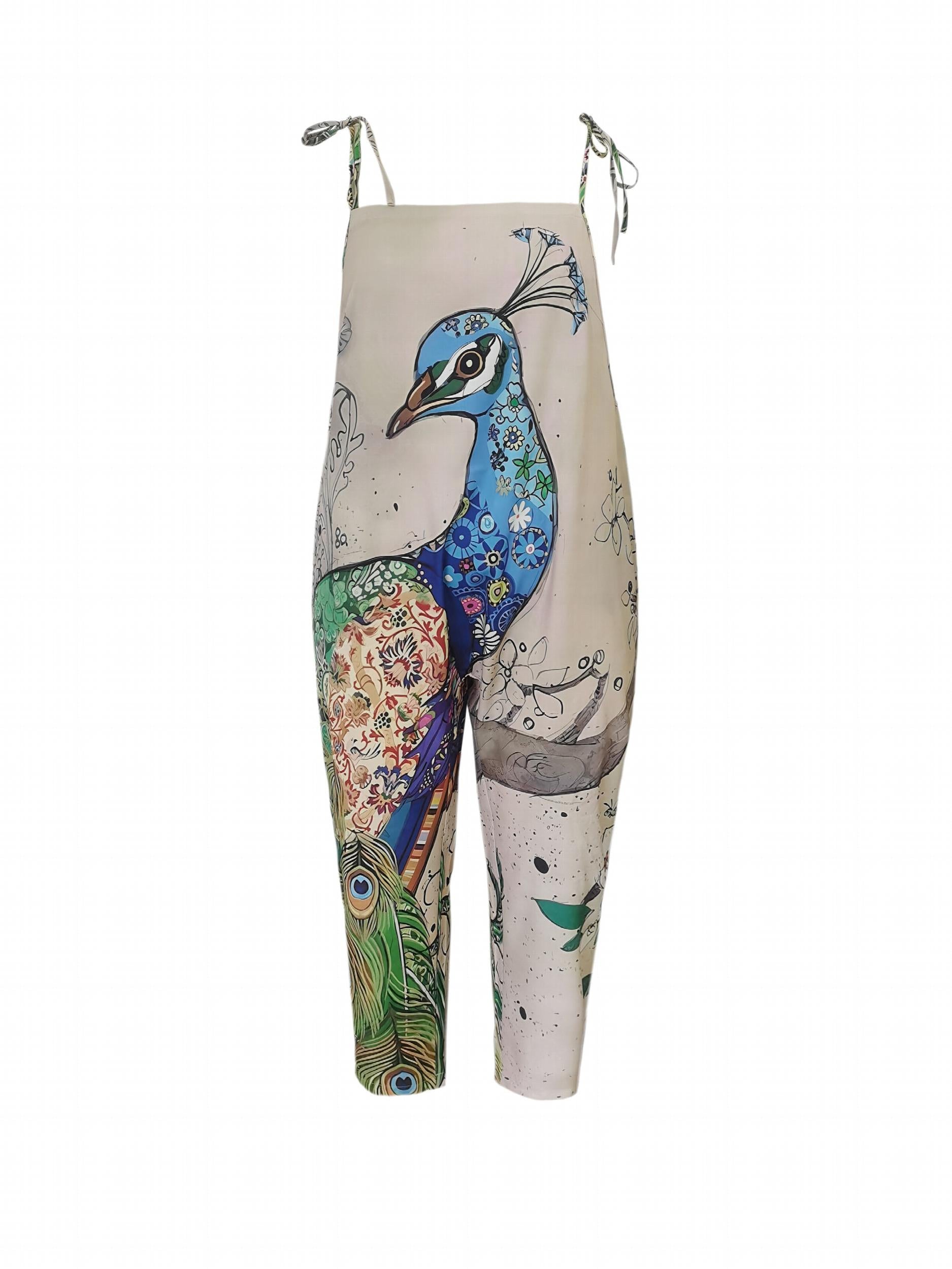 Peacock Print Tie Shoulder Cami Jumpsuit