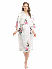 Floral Print Night Robe V Neck Long Sleeve House Robe With Belt