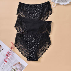 3 Pack Plus Size Lace Trim Briefs Set Dandelion Print High Stretch Underwear