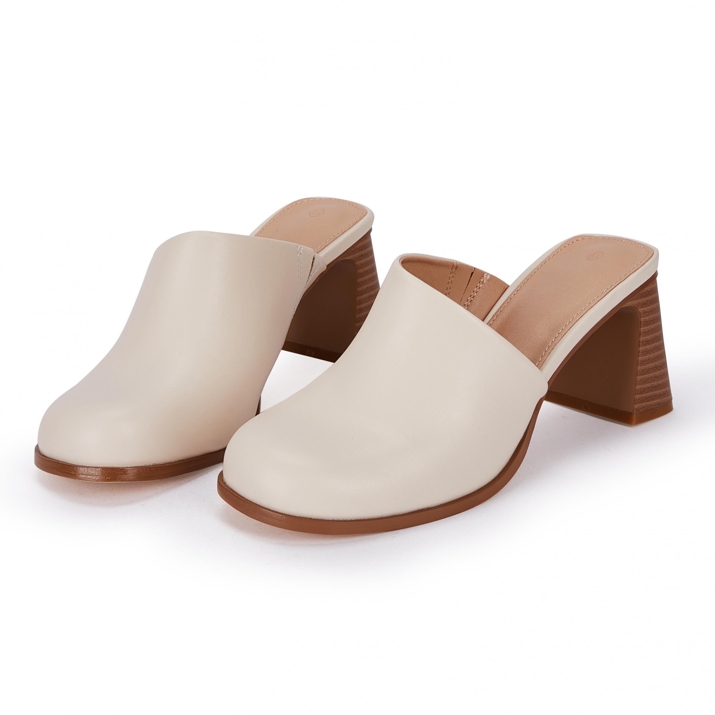 Women's Chunky Heeled Mules Slip On Stacked Heels Faux Leather