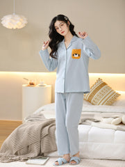 Cartoon Print Pajama Set Long Sleeve Top & Pants Women's Sleepwear