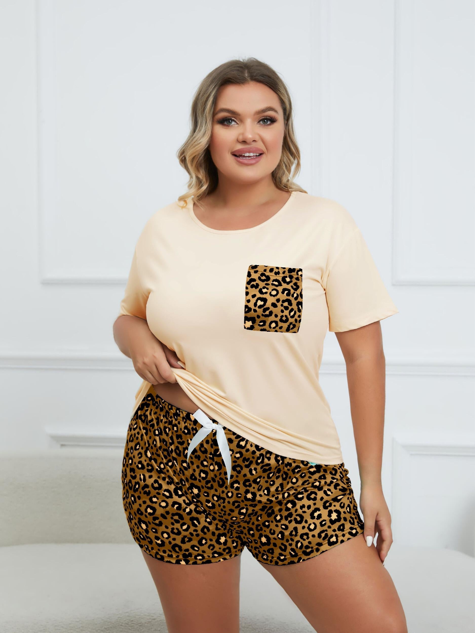 Leopard Print Tee & Bow Knot Shorts Pajama Set
