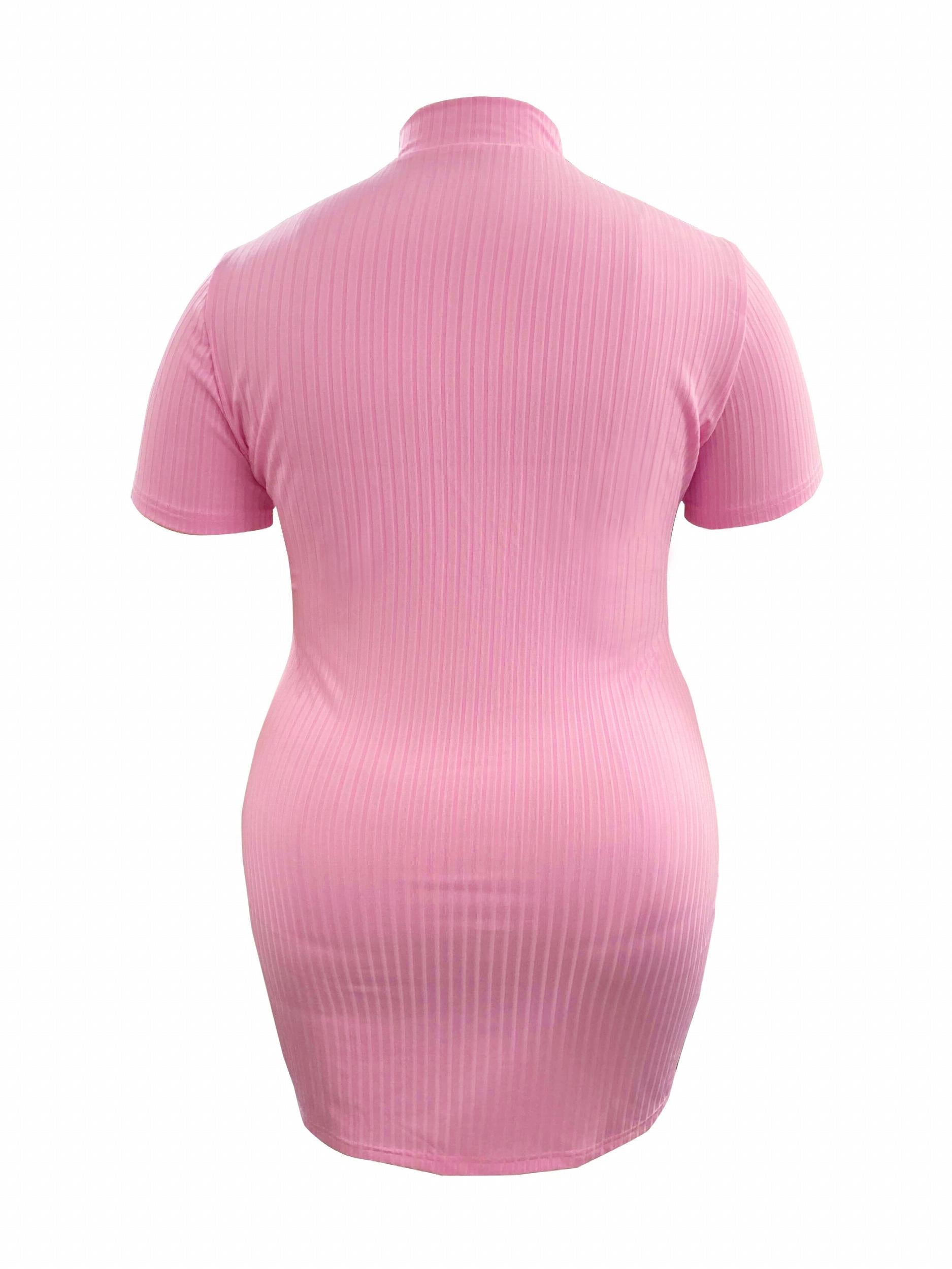 Plus Solid Ribbed Zipper Short Sleeve High Neck Bodycon Dress
