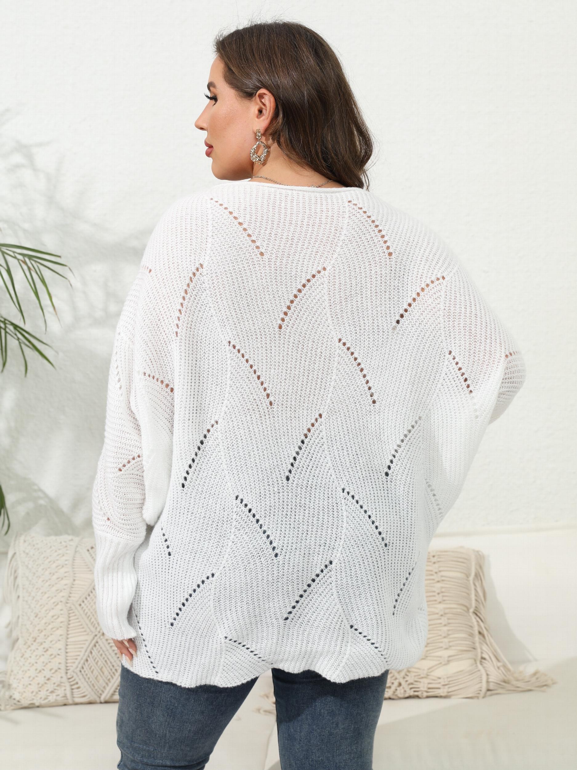 Casual Sweater Women's Plus Solid Eyelet Embroidered Bat Sleeve Round