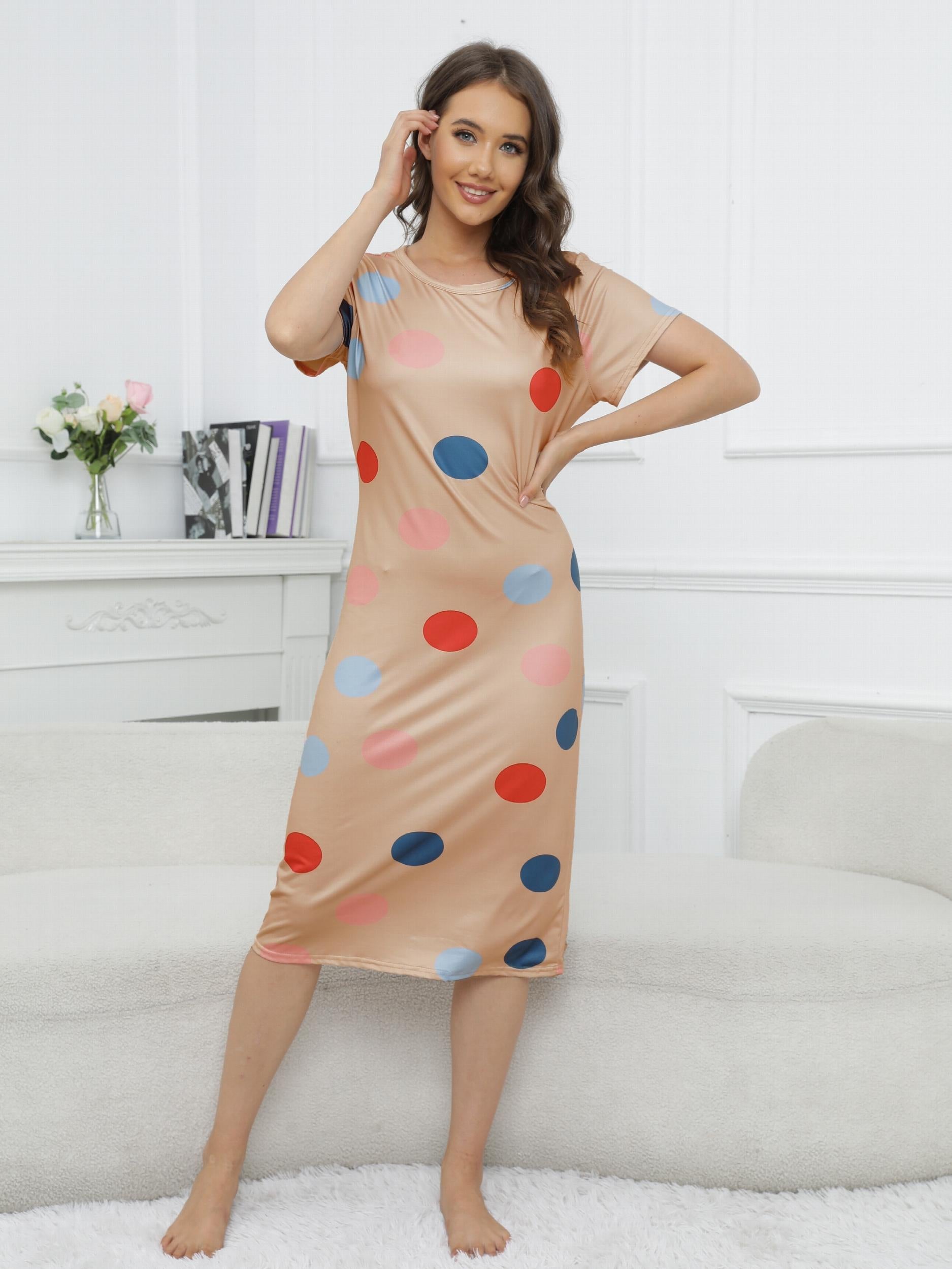 Polka Dot Print Lounge Dress Crew Neck Short Sleeve Women's Sleepwear