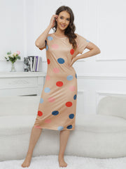 Polka Dot Print Lounge Dress Crew Neck Short Sleeve Women's Sleepwear